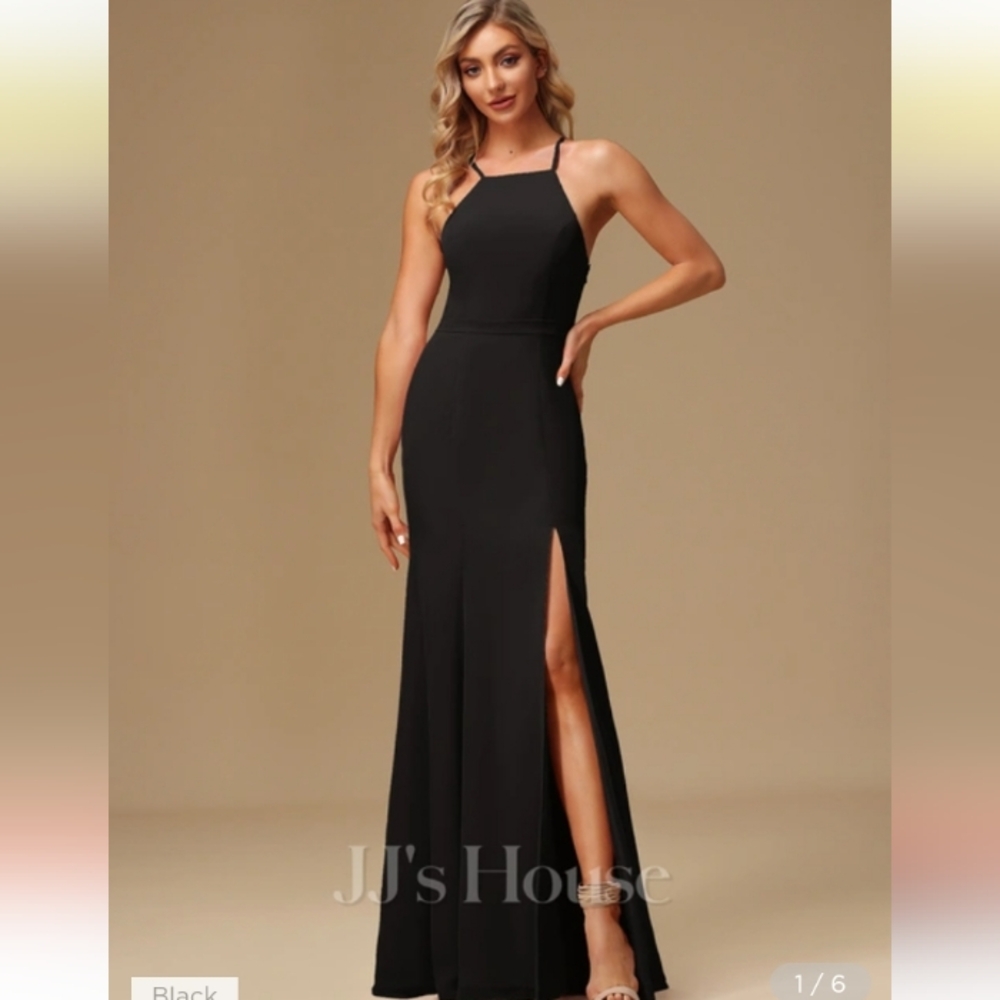 Floor length chiffon lace back black dress